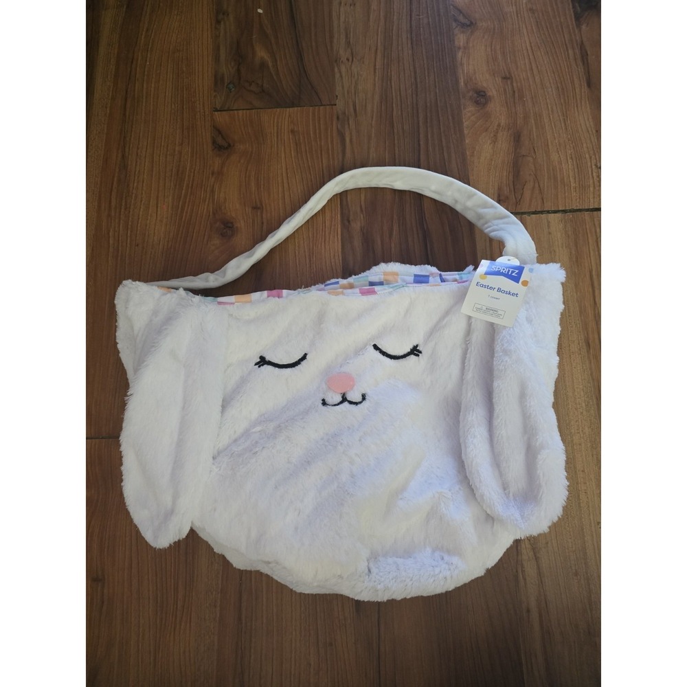 Spritz Large Easter Basket Bunny White Plush Floppy Ears Pastel Checkered Lining